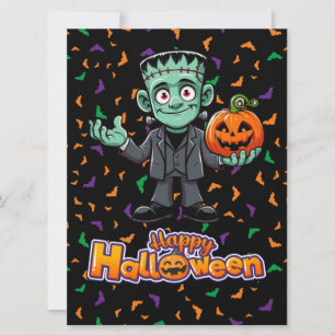 Cute Frankenstein's monster with bats/pumpkin Holiday Card
