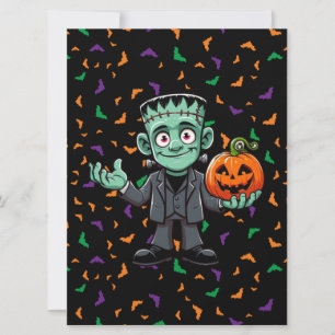Cute Frankenstein's monster with bats/pumpkin Holiday Card