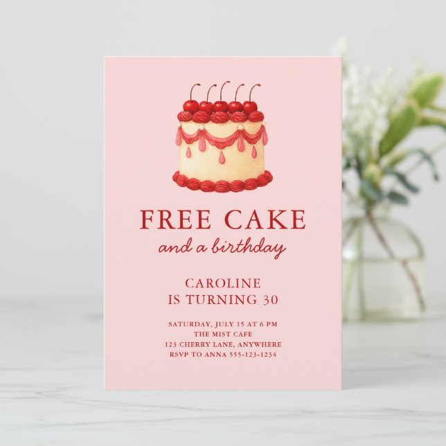 Cute Free Cake Funny Adult Birthday Any Age Invitation (Standing Front)