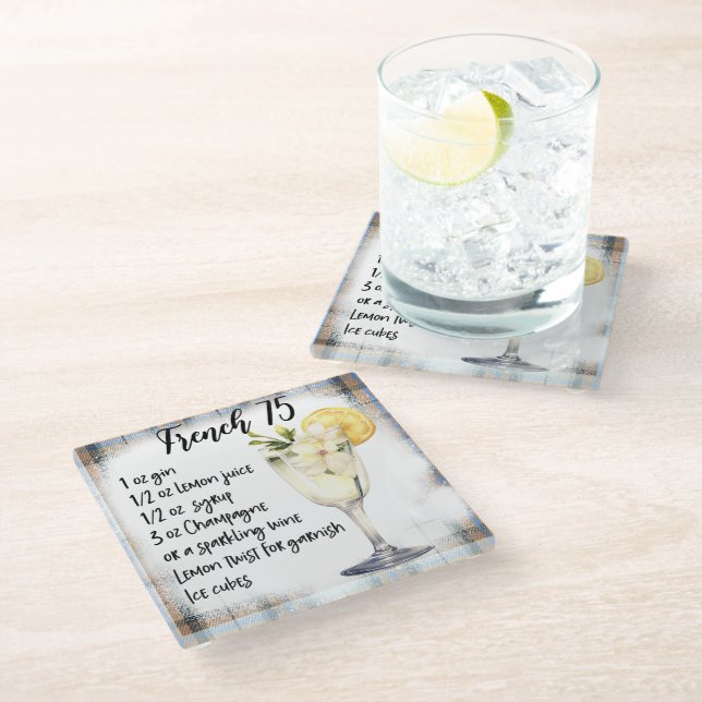 Cute French 75 Cocktail Recipe Glass Coaster (Angled)
