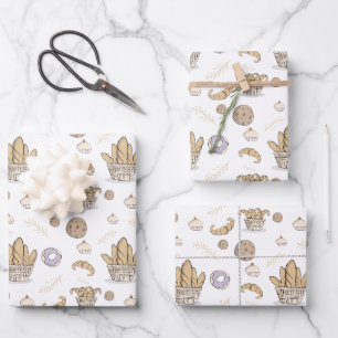 Cute French Bakery Pastries & Bread Neutral Patter Wrapping Paper Sheet