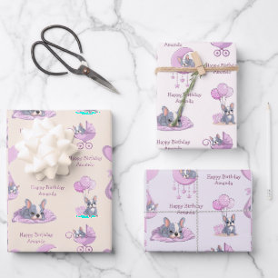 Cute French Bulldog Baby Girl Birthday Wrapping Paper Sheet
