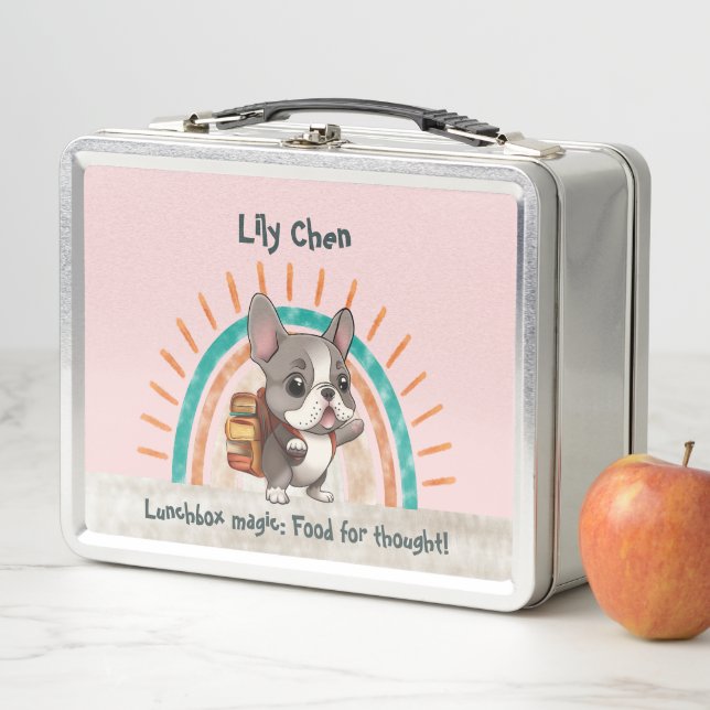 Cute French bulldog back to school rainbow Metal Lunch Box (In Situ)
