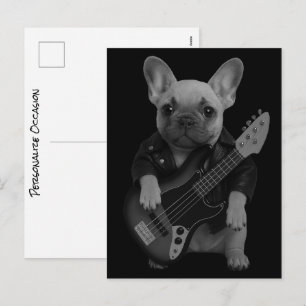 Cute French Bulldog Bass Guitarist Black and White Holiday Postcard