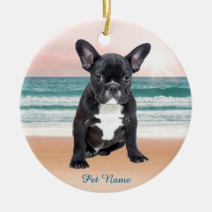 Cute French Bulldog Beach Sun Water Ceramic Tree Decoration