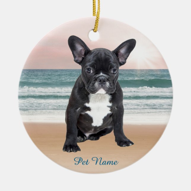 Cute French Bulldog Beach Sun Water Ceramic Tree Decoration (Front)