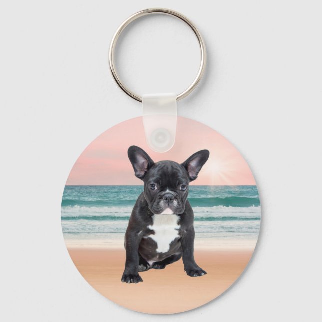 Cute French Bulldog Beach Sun Water Key Ring (Front)