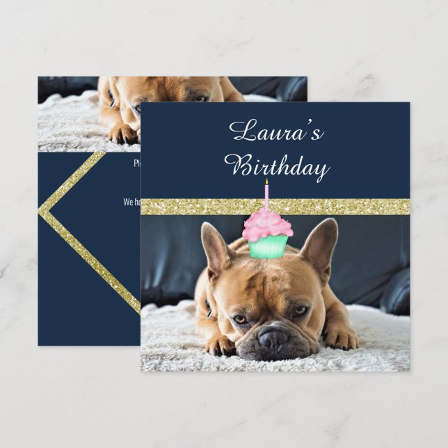 Cute French Bulldog Birthday Party INVITATION NAVY (Front/Back)