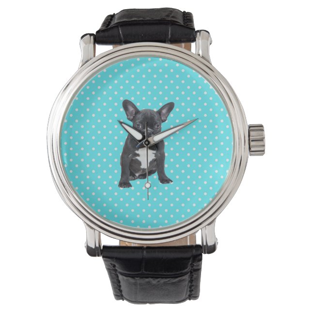 Cute French Bulldog Blue Polka Dots Watch (Front)