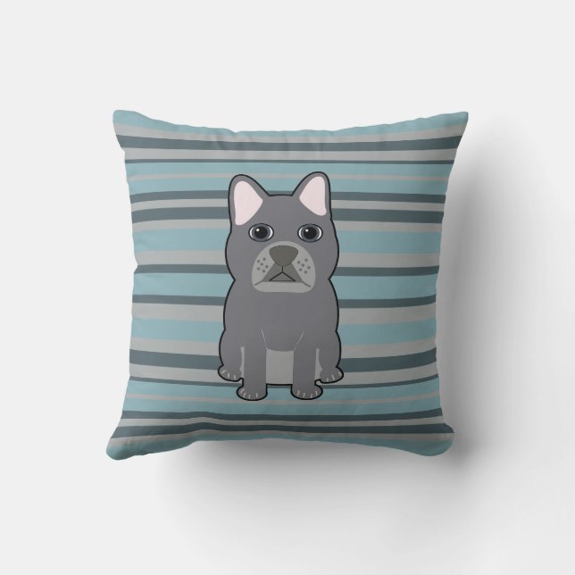 Cute French Bulldog Blue Striped Cushion (Back)
