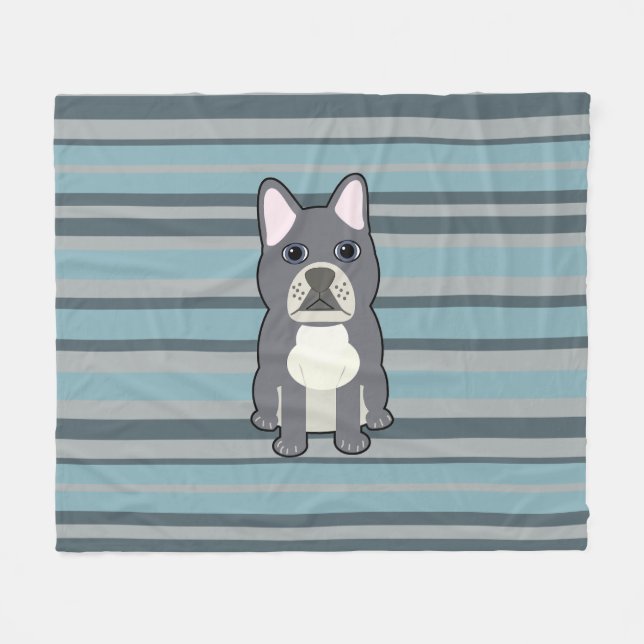 Cute French Bulldog Blue Striped Fleece Blanket (Front (Horizontal))