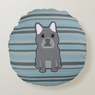 Cute French Bulldog Blue Striped Round Cushion