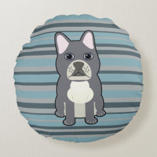Cute French Bulldog Blue Striped Round Cushion