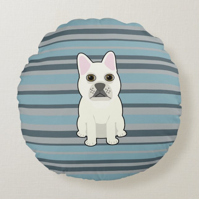 Cute French Bulldog Blue Striped Round Cushion (Front)