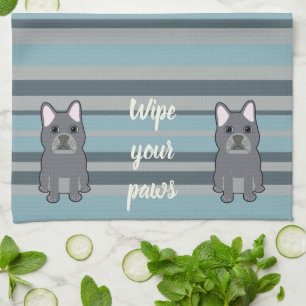 Cute French Bulldog Blue Striped Tea Towel