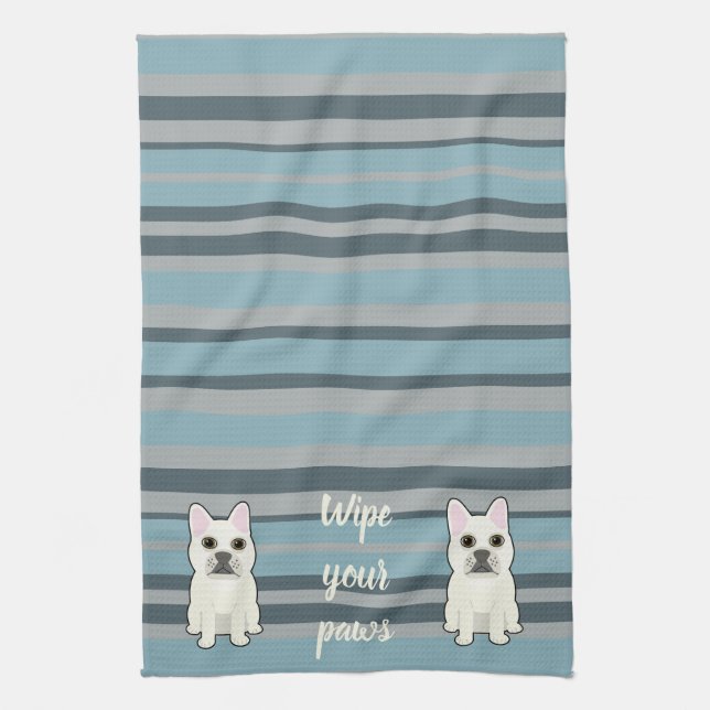 Cute French Bulldog Blue Striped Tea Towel (Vertical)