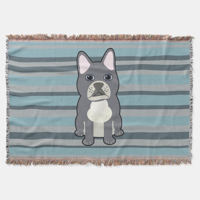 Cute French Bulldog Blue Striped Throw Blanket (Front)
