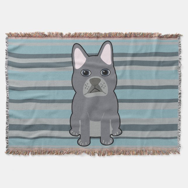 Cute French Bulldog Blue Striped Throw Blanket (Front)