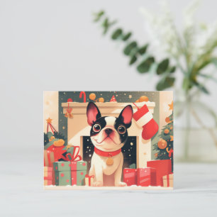 Cute French Bulldog by the Christmas Fireplace Holiday Postcard
