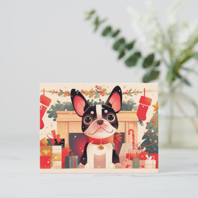 Cute French Bulldog by the Christmas Fireplace Holiday Postcard (Standing Front)