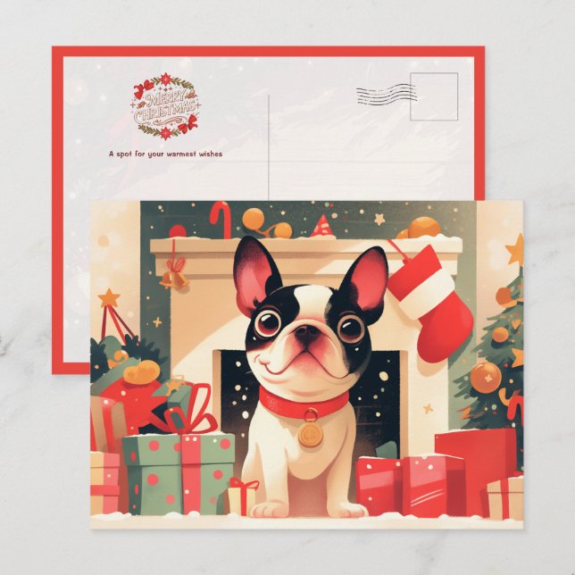 Cute French Bulldog by the Christmas Fireplace Postcard (Front/Back)