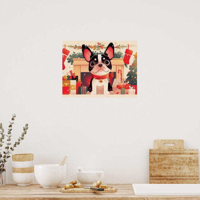 Cute French Bulldog by the Christmas Fireplace Poster (Kitchen)