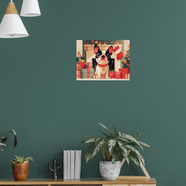 Cute French Bulldog by the Christmas Fireplace Poster (Living Room 1)