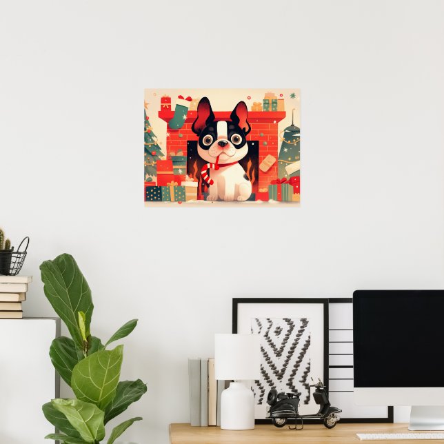 Cute French Bulldog by the Christmas Fireplace Poster (Home Office)