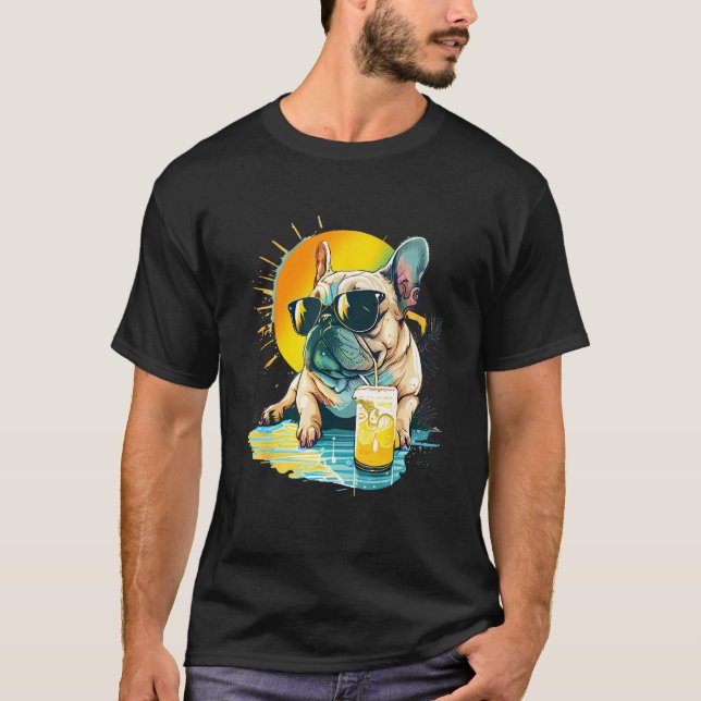 Cute French Bulldog chillin tropical drink on summ T-Shirt (Front)
