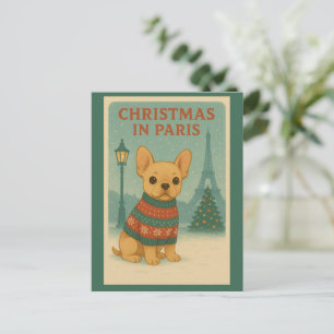 Cute French Bulldog Christmas in Paris Vintage Postcard