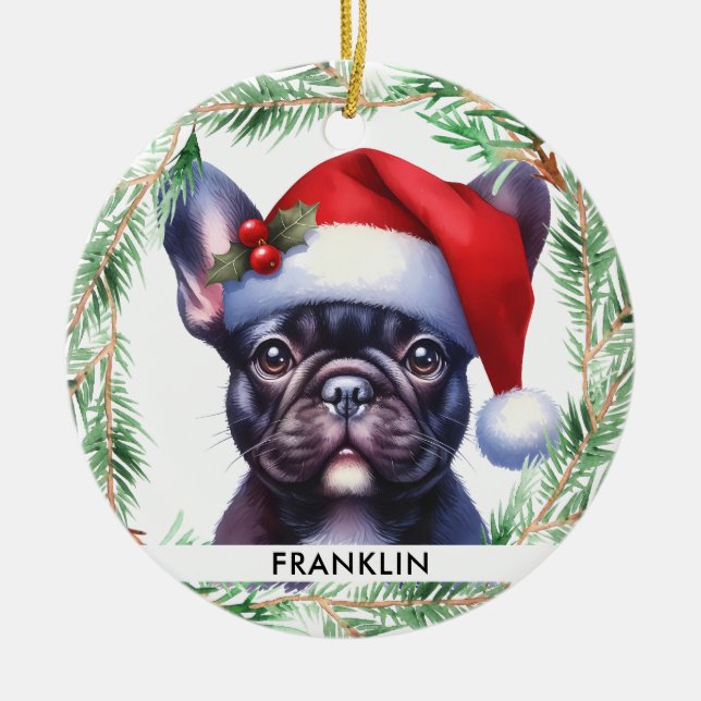 Cute French Bulldog Christmas Personalised Pet Dog Ceramic Tree Decoration (Front)