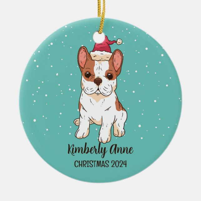 Cute French Bulldog Christmas Snowy Winter Holiday Ceramic Tree Decoration (Front)