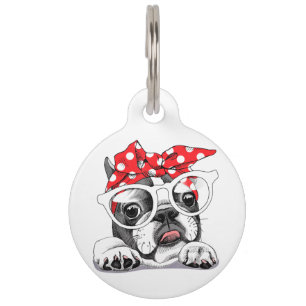 Cute French Bulldog Colourful Headband And Glasses Pet Tag