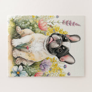 Cute French Bulldog Dog Floral Puppy Jigsaw Puzzle