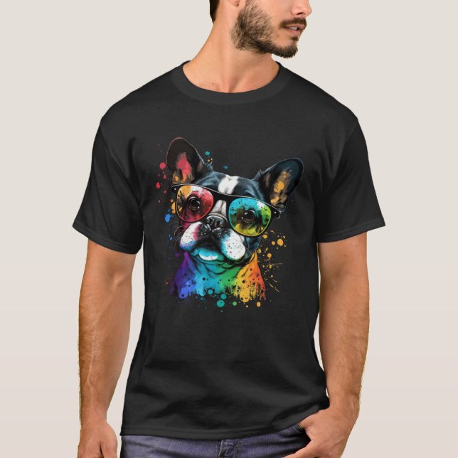 Cute French Bulldog Face Glasses Colourful Graphic T-Shirt (Front)