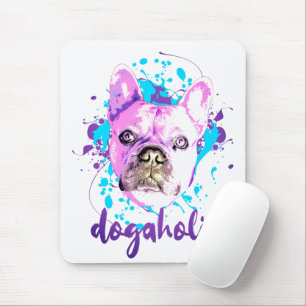 Cute French Bulldog Face Pink Blue Dogaholic Mouse Mat