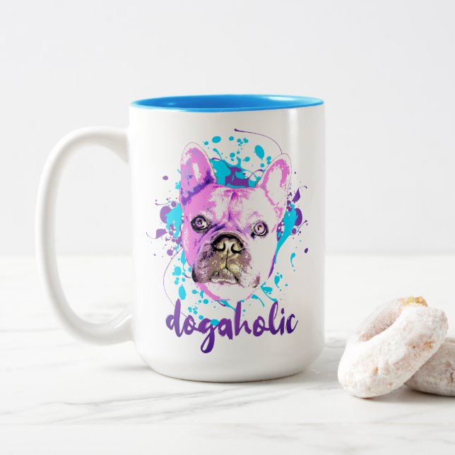Cute French Bulldog Face Pink Blue Dogaholic Two-Tone Coffee Mug (With Donut)