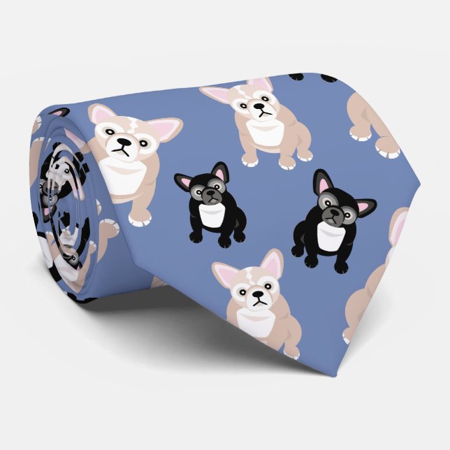 Cute French Bulldog Frenchies Pattern Blue Tie (Rolled)