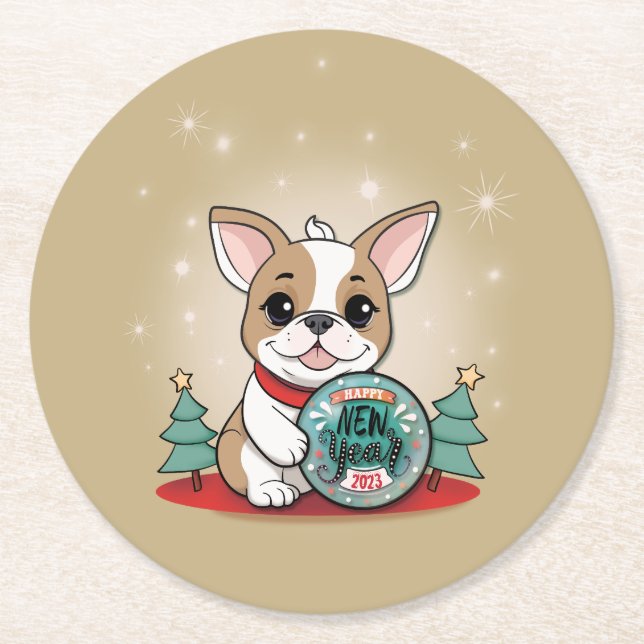 Cute French Bulldog Funny New Year's Eve Party Round Paper Coaster (Front)
