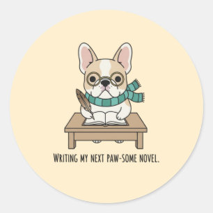 Cute French Bulldog Glasses Writing Doodle Art Classic Round Sticker