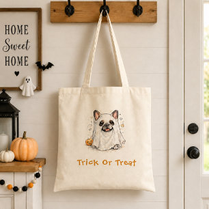 Cute French Bulldog Halloween Ghost Trick Treat Tote Bag
