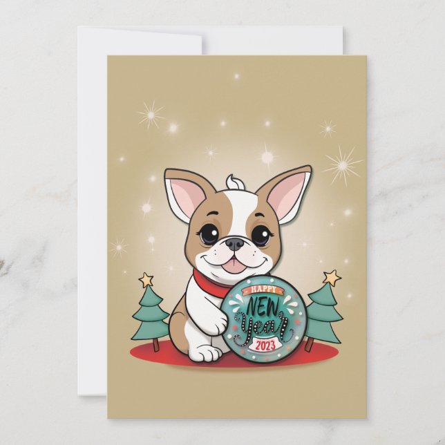 Cute French Bulldog Happy New Year Whishes Holiday Card (Front)
