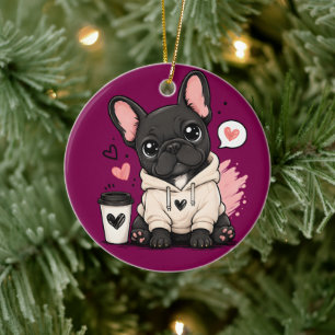 Cute French Bulldog Hoodie Illustration Ceramic Tree Decoration