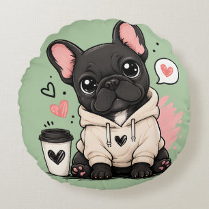 Cute French Bulldog Hoodie Illustration Round Cushion