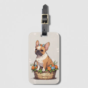 Cute French Bulldog in a basket with flowers crown Luggage Tag