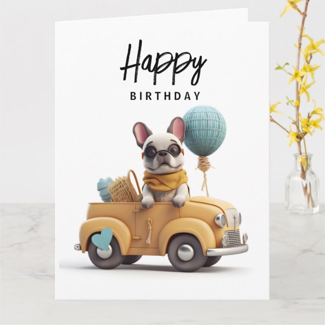 Cute French bulldog in vintage car  Card (Yellow Flower)