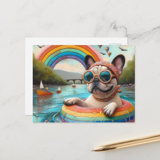 Cute French Bulldog on a Rainbow Colour Float Postcard (Front/Back In Situ)