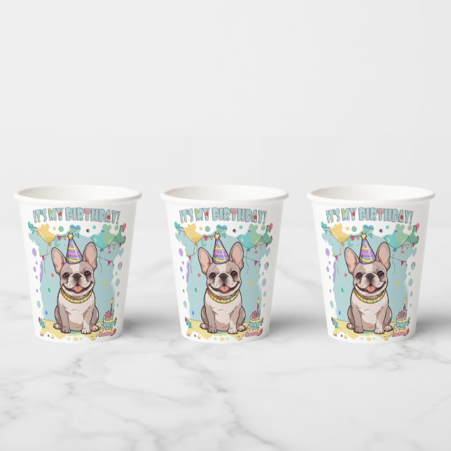 Cute French Bulldog Pastel It's my Birthday Paper Cups (Multi)