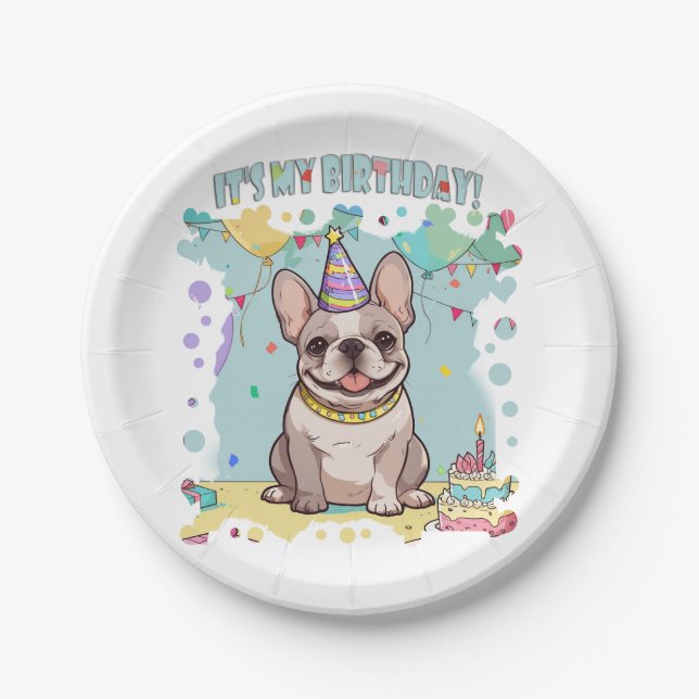 Cute French Bulldog Pastel It's my Birthday Paper Plate (Front)