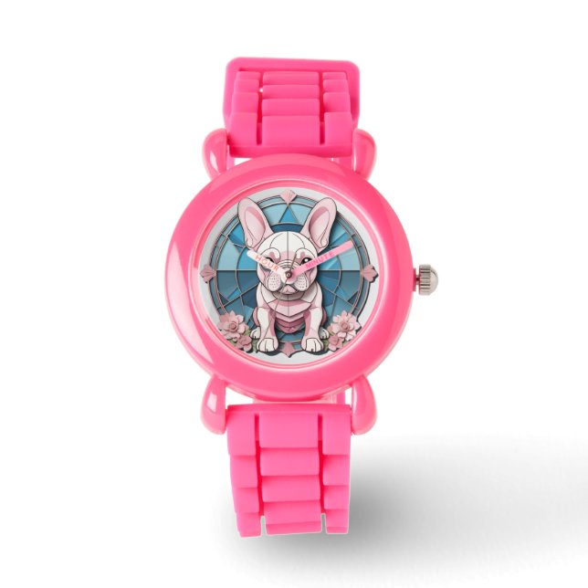 Cute French Bulldog Pastel Stained Glass Watch (Front)